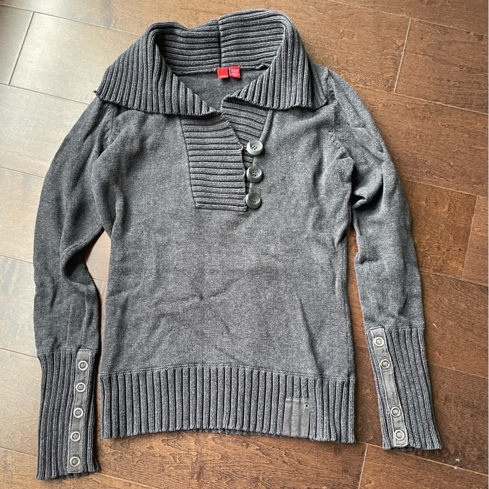 Esprit xs gray fold over collar cotton sweater
